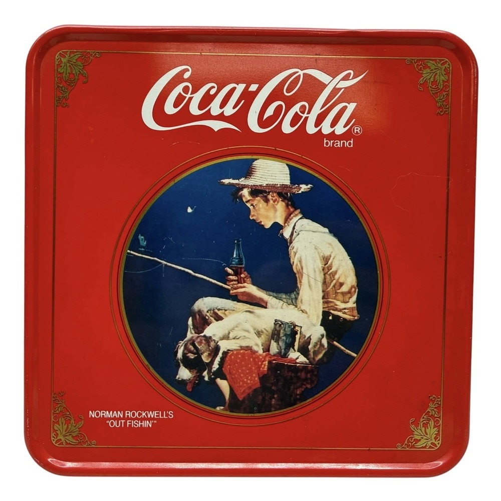 Vintage Coca-Cola Norman Rockwell Out Fishin  Coke Tin Empty